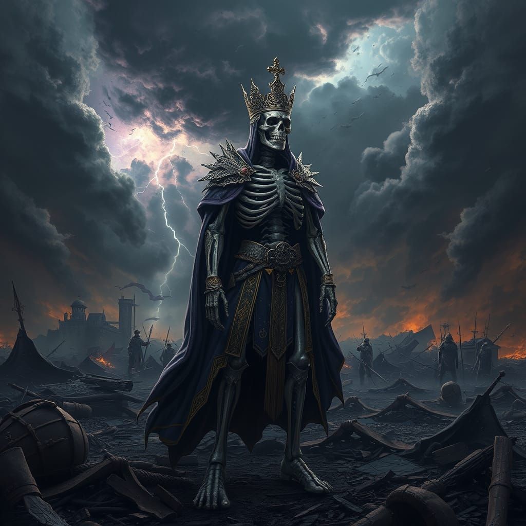 Skeletal King Reigns Over a Devastated Battlefield