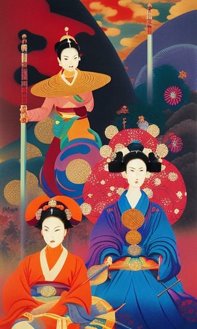 Vibrant Ukiyo-e Portrait of Woman in Anarkali Suit