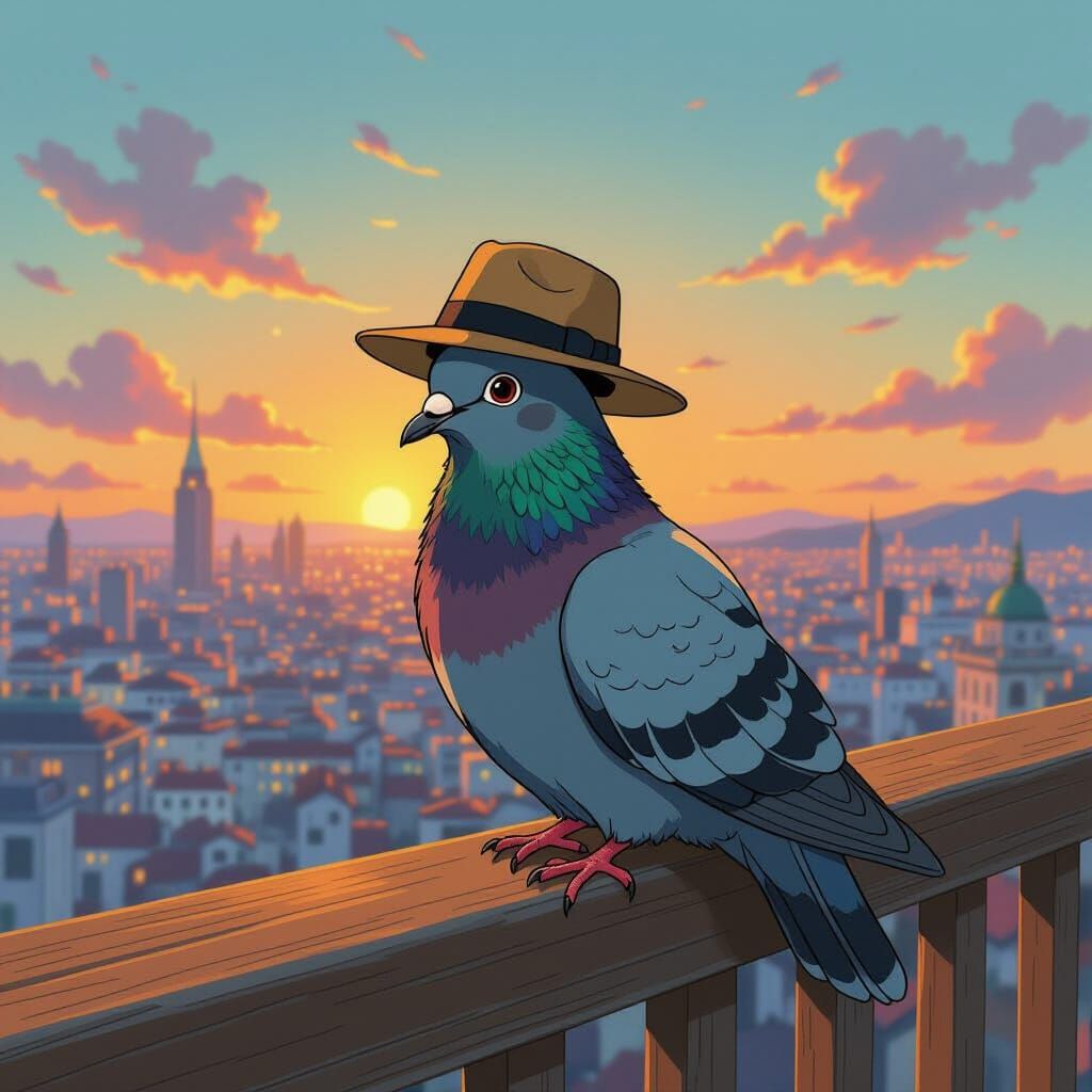 Elderly Pigeon in Fedora Overlooking Cityscape at Dusk