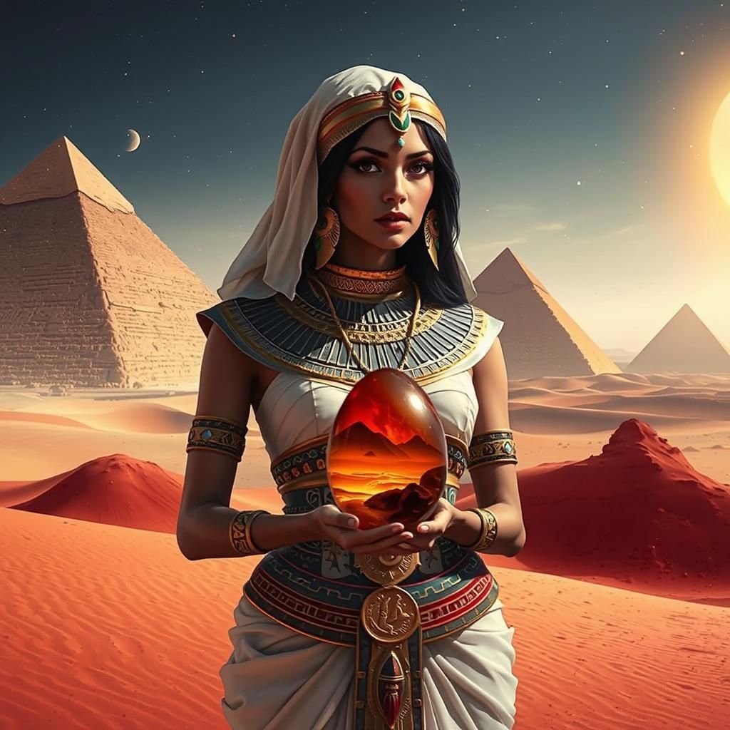 Egyptian Woman with Amber Egg in Desert