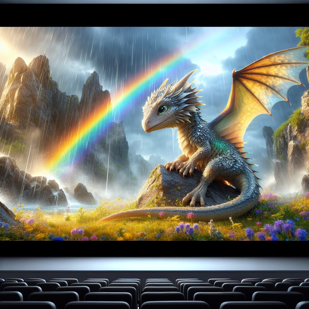 Adorable Dragon in Rainy Landscape, Digital Matte Painting