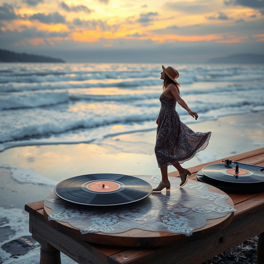 Ice Skater on Vinyl Record, Neo-Impressionist Style