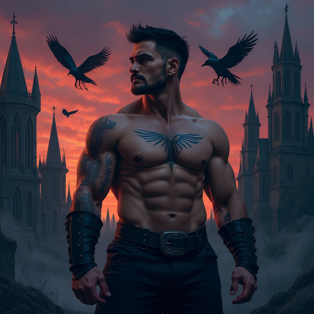 Rugged Warrior with Glowing Tattoos in Dark City