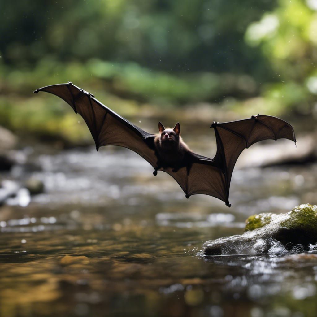 Bat in Flight Over Forest Stream Photography