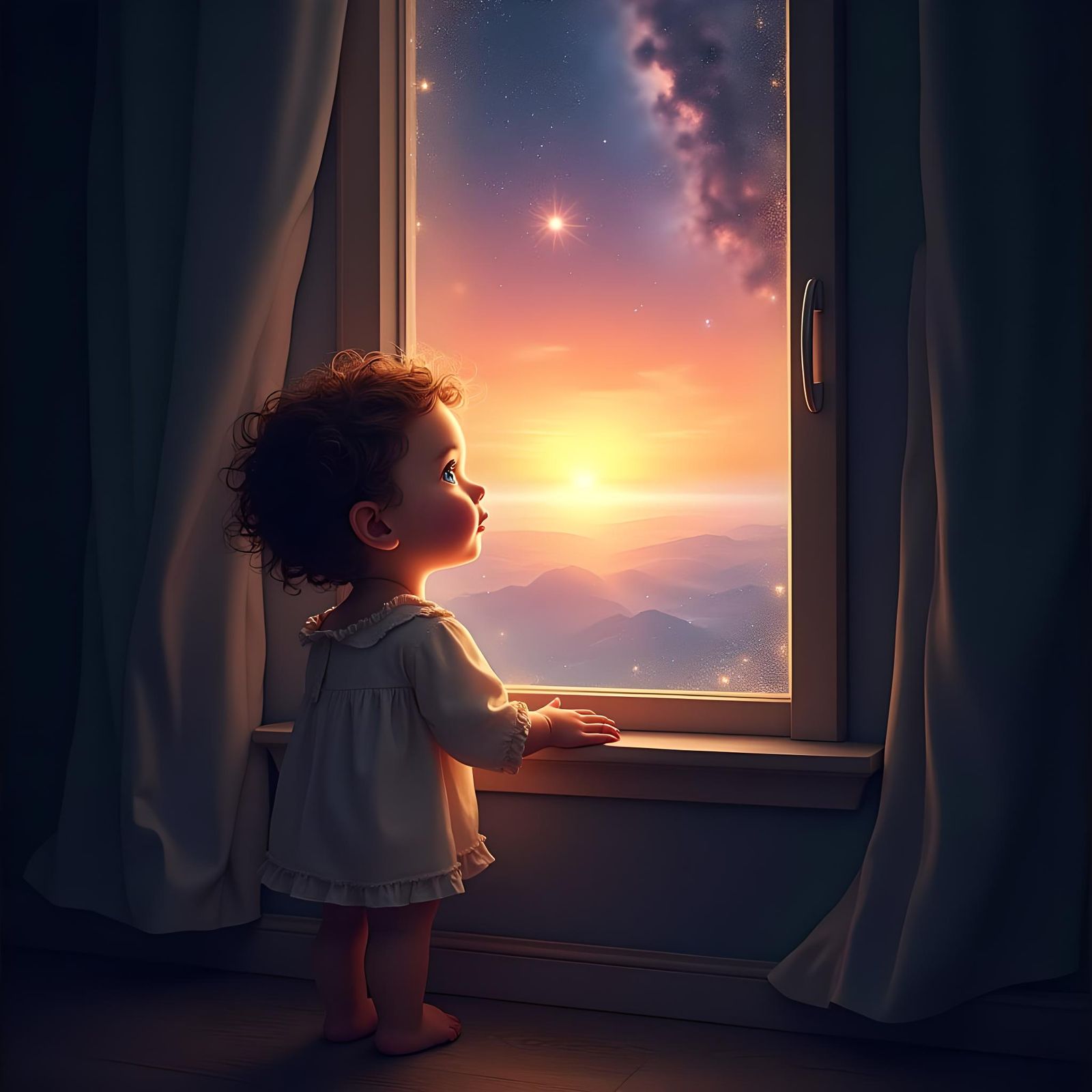 Child Gazing Through Portal to Constellation Sunrise
