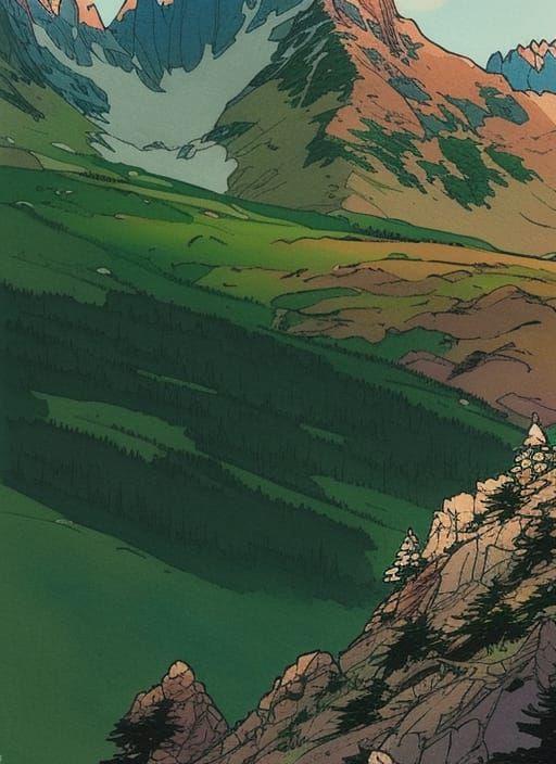 Mountain Landscape in Cartoon Watercolor Style