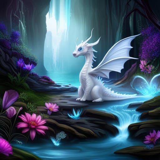White Dragon with Blue Eyes by Waterfall
