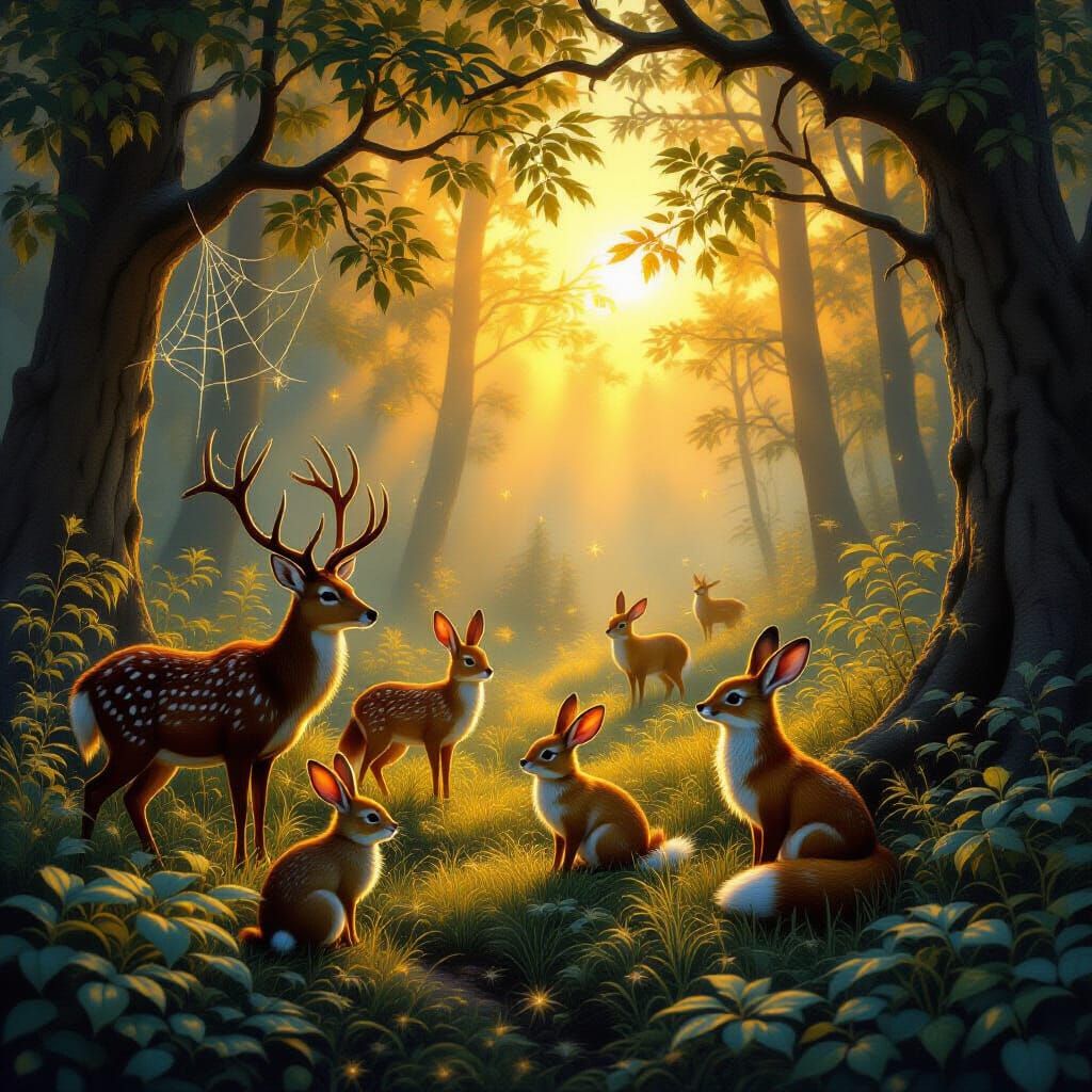 Mystical Forest Sunrise with Animals