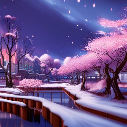 Snowy Village with Cherry Blossoms: Ghibli Anime