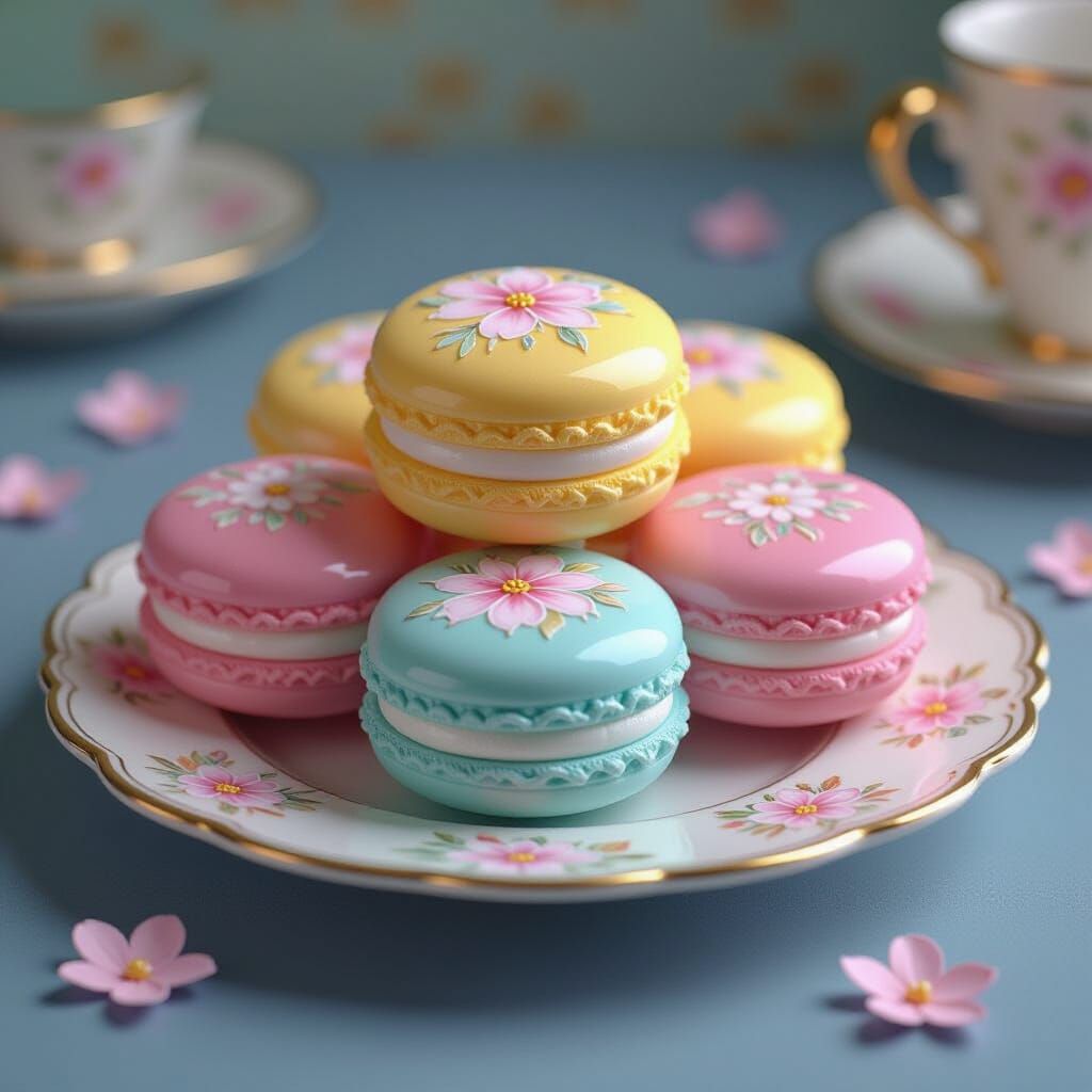 Porcelain Macarons with Floral Motifs: 3D Anime Art