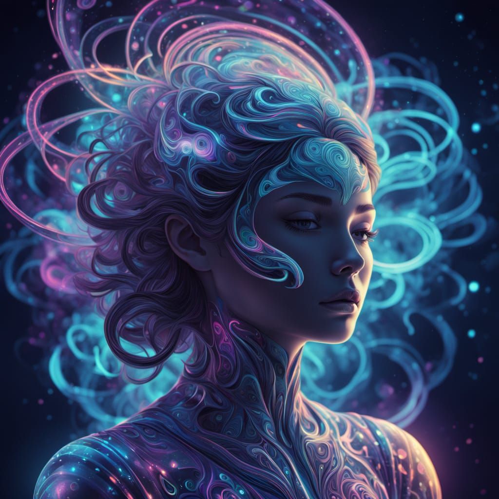 Vibrant Cosmic Figure with Glowing Aura in Iridescent Colors