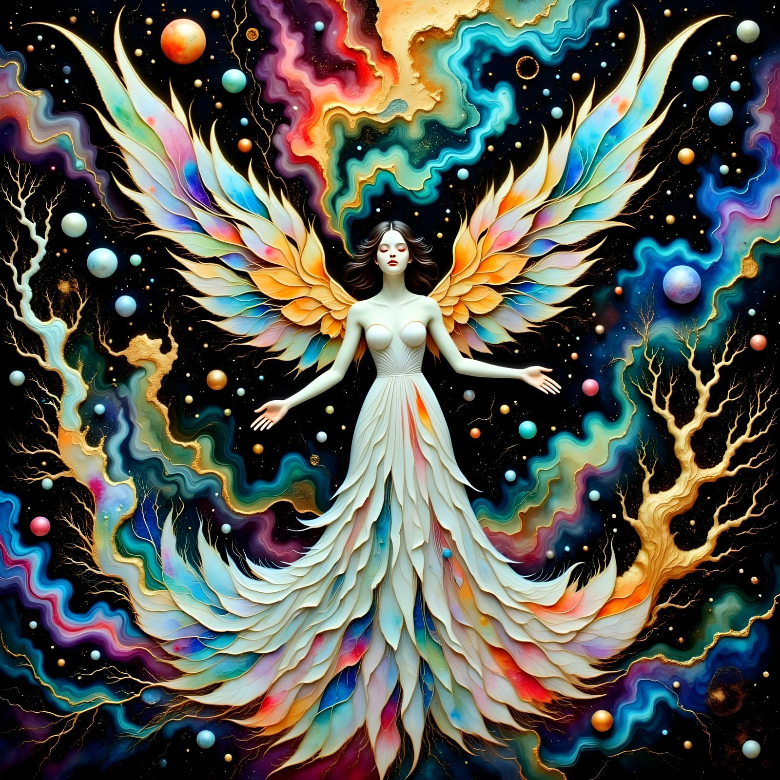 Angel in Cosmic Ballet, Shimmering with Celestial Patterns a...