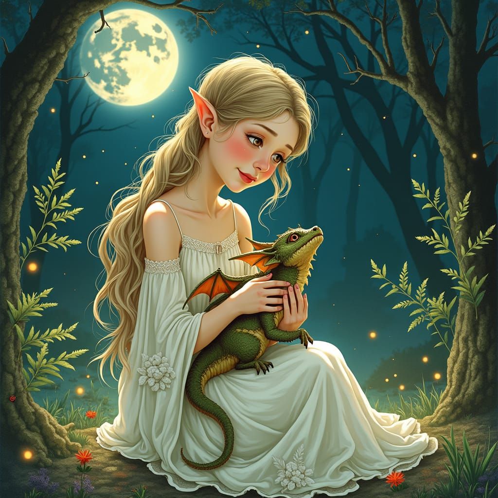Elf Maiden with Baby Dragon in Moonlit Forest