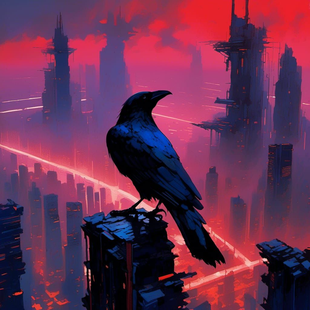 Crow Overlooking Dystopian Metropolis in Cyberpunk Style