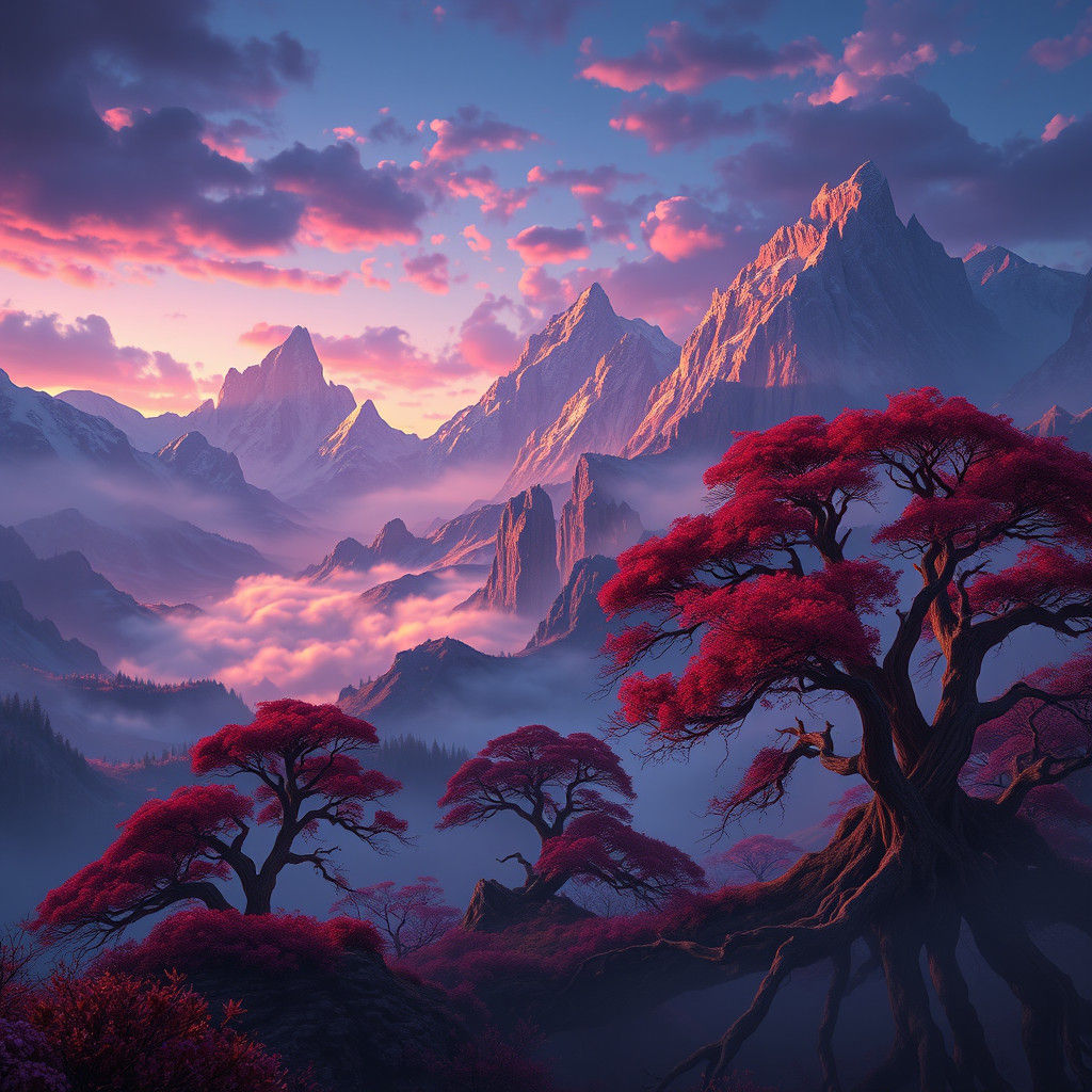 Fantasy Landscape with Glowing Mist and Ancient Trees