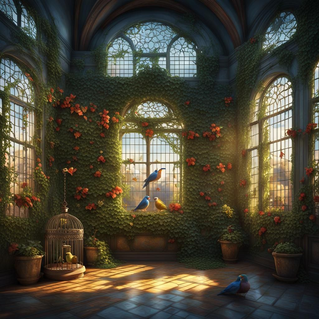 Love Birds in Sunlit Room with Art, Detailed Painting