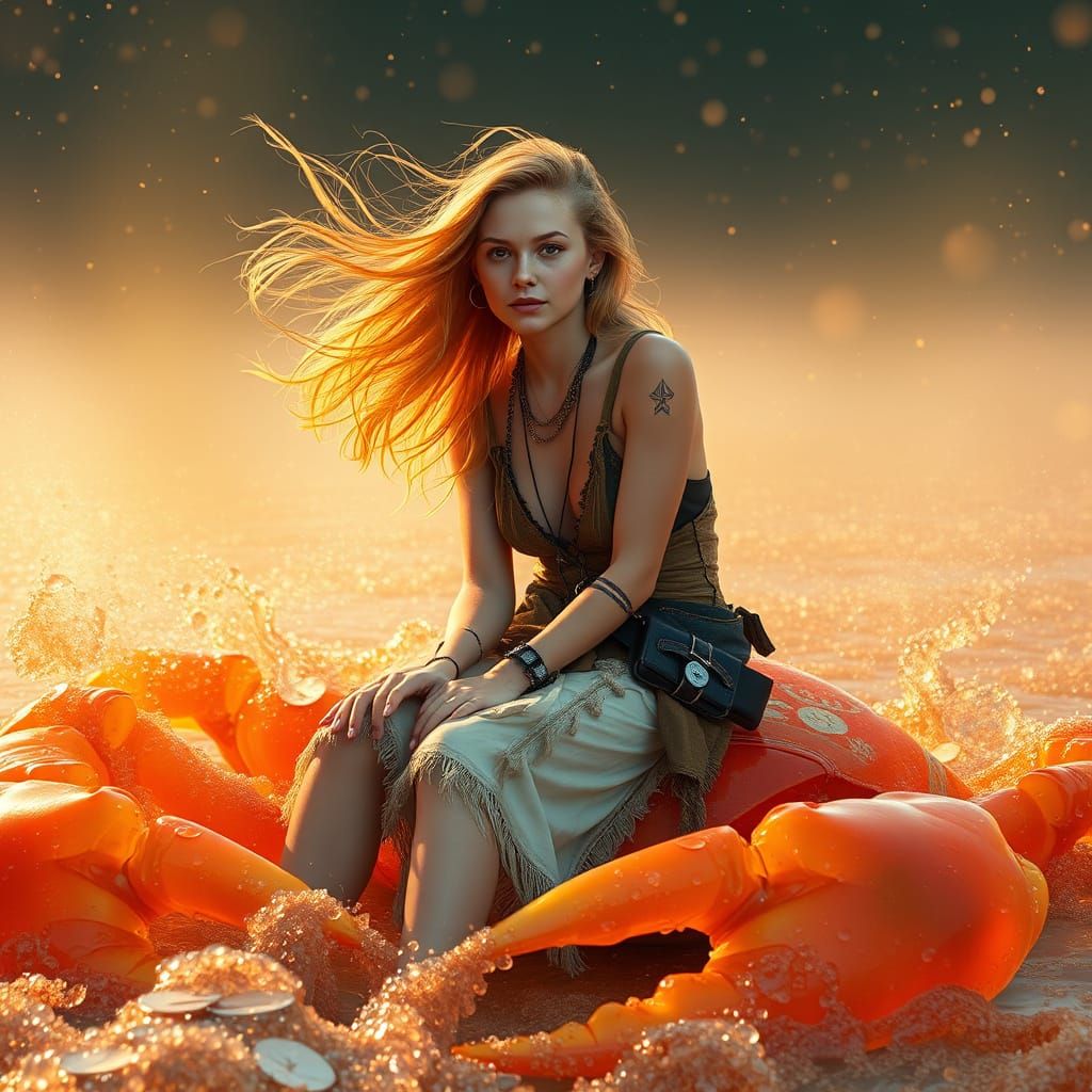 Bohemian Woman Riding Gummy Crab in Soda Sea