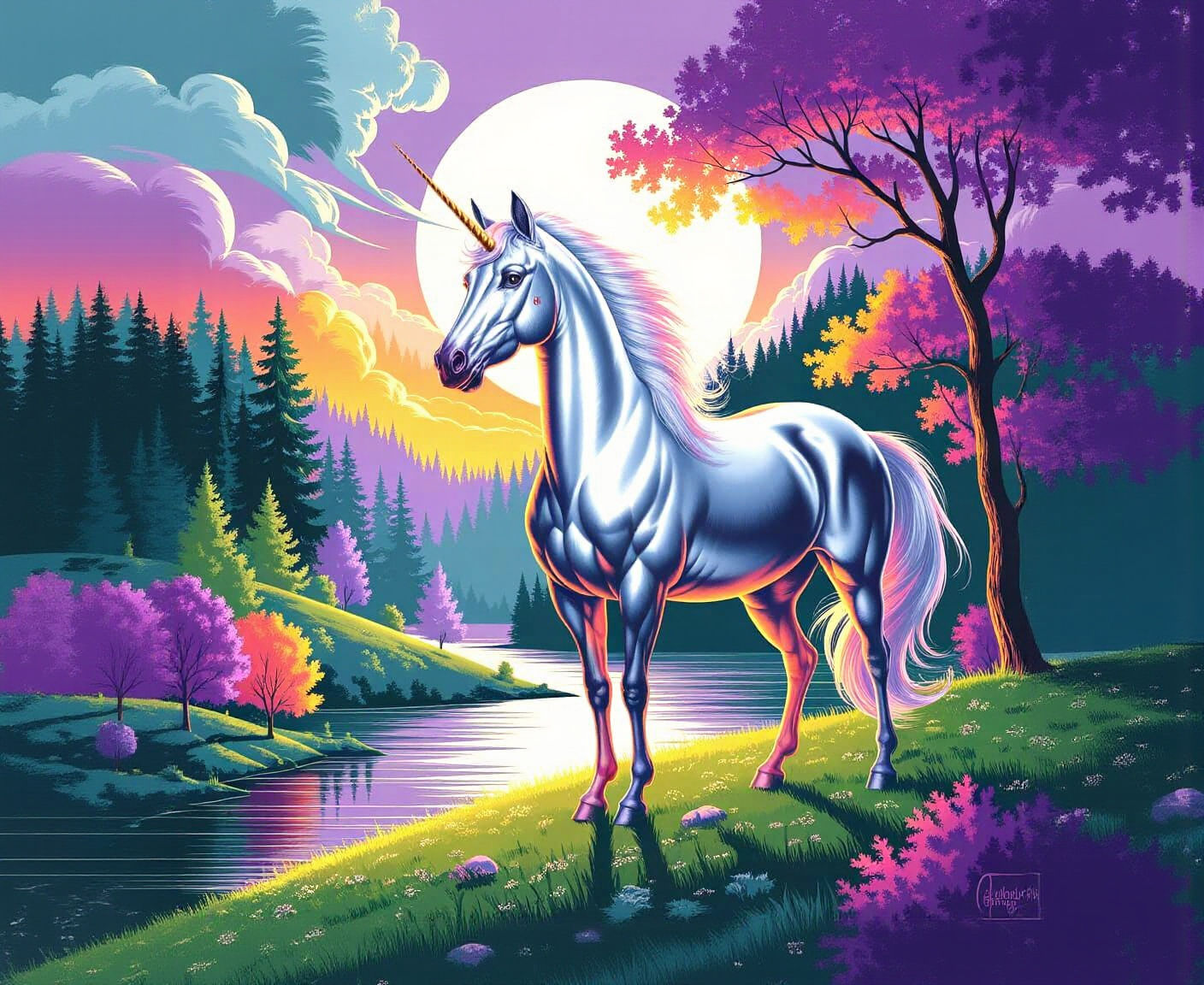 Gold and White Unicorn Under Moonlight