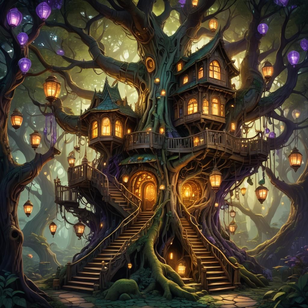Enormous Ancient Treehouse in Mystical Forest Concept Art