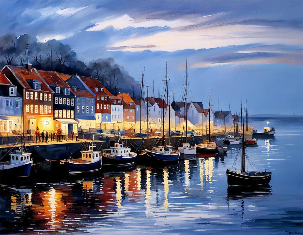 Vibrant Danish Fishing Harbor in Evening Light