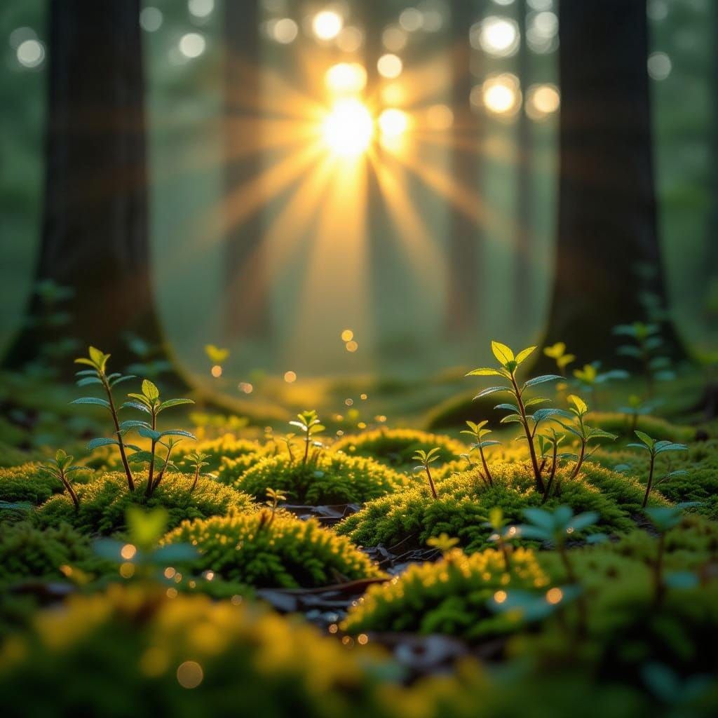 Golden Hour Light in Forest Canopy, Impressionist Style