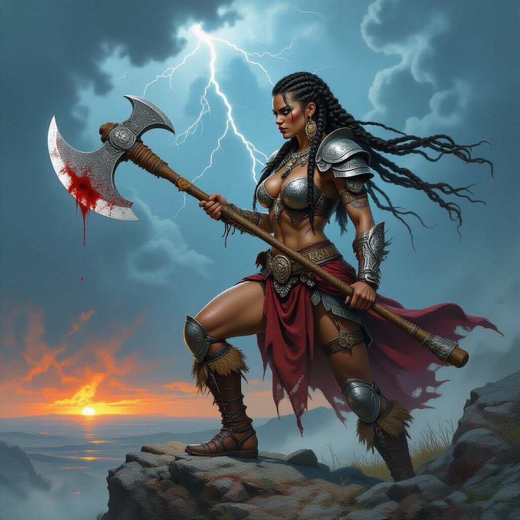 Fierce Warrior Overlooking Battlefield in Fantasy Art Style
