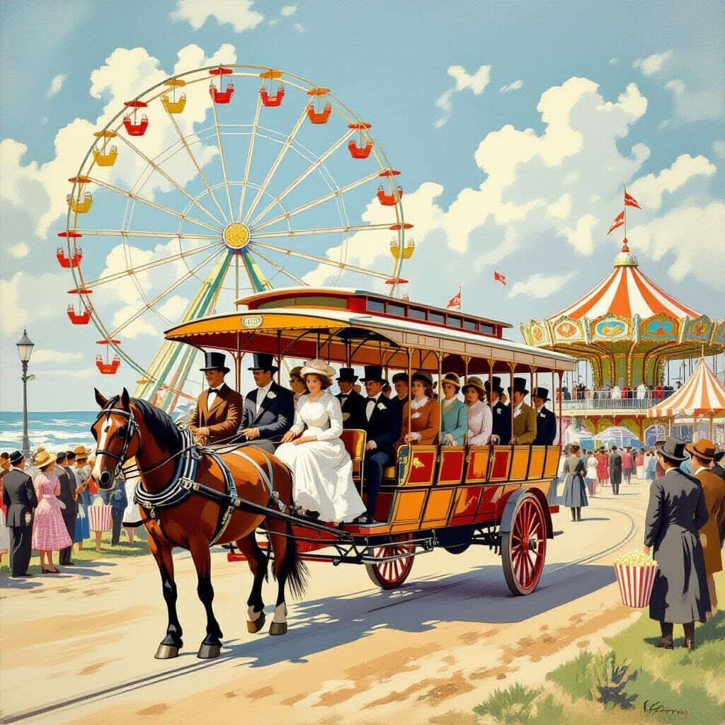 Horse-Drawn Trolley at Salisbury Beach, Nostalgic Illustrati...