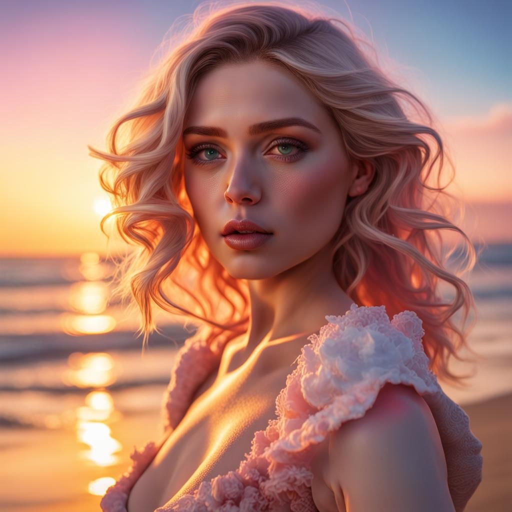 Sensual Woman in Splash Art Style at Sunset
