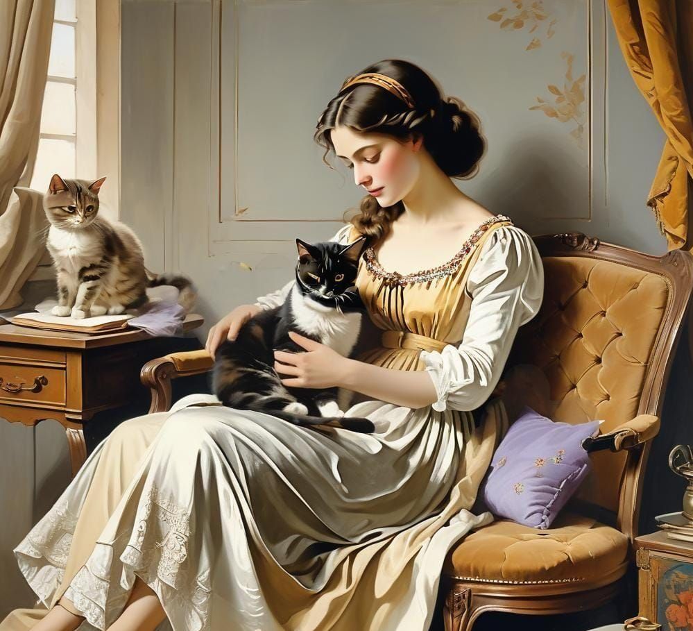 Impressionist Woman and Cat Listening to Music