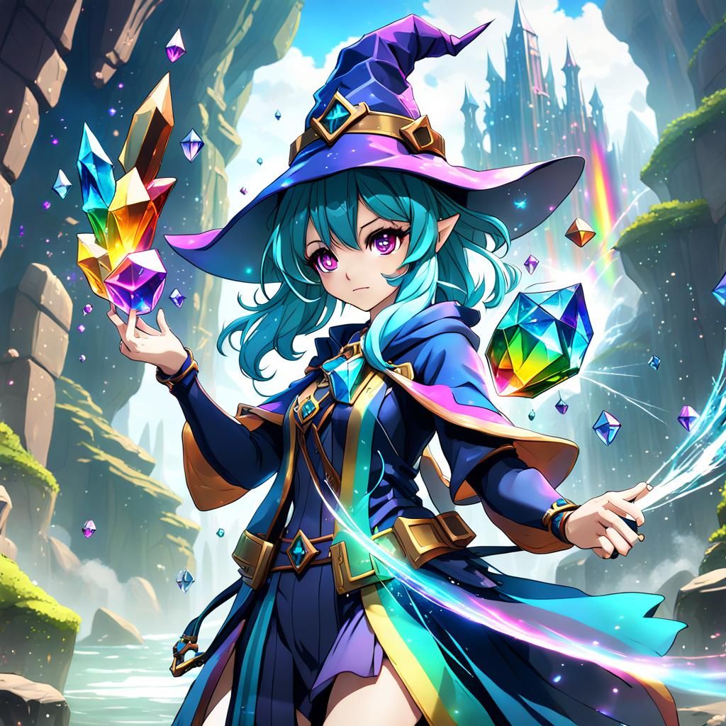 Rainbow Crystal Wizard Girl in Anime Style