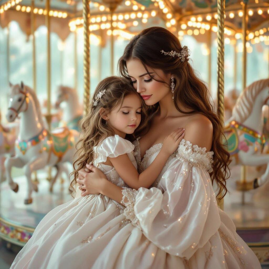 Woman Tenderly Embraces Younger Self on Carousel