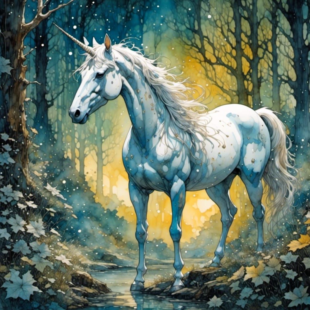Unicorn in Moonlit Glade: Ink Illustration
