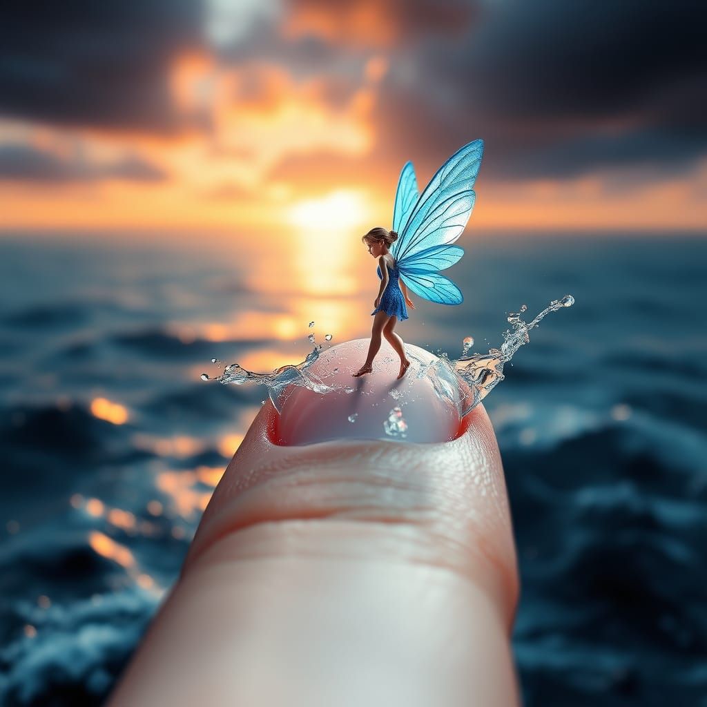 Epic Blue Fairy Standing on Seaside Fingertip