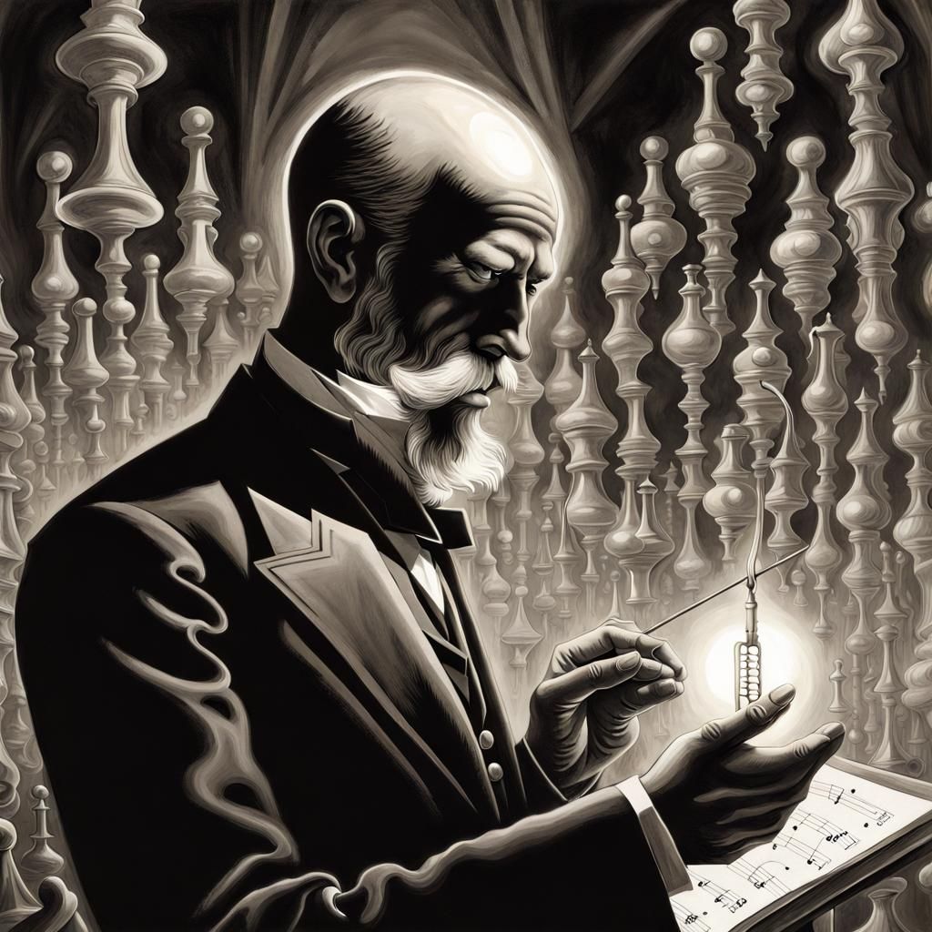 Surreal Silhouette Holding Tiny Orchestra, Detailed Fantasy ...