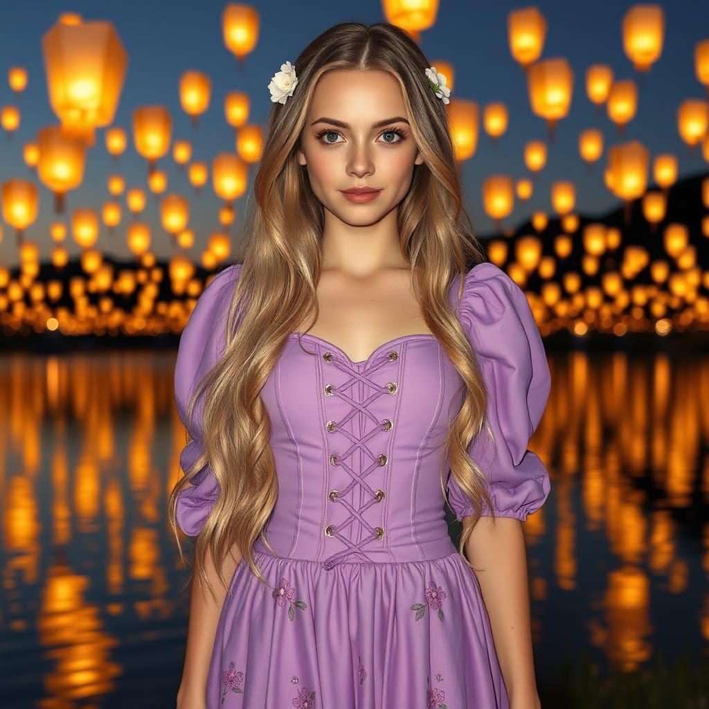 Golden Haired Woman by Lantern-lit Lake