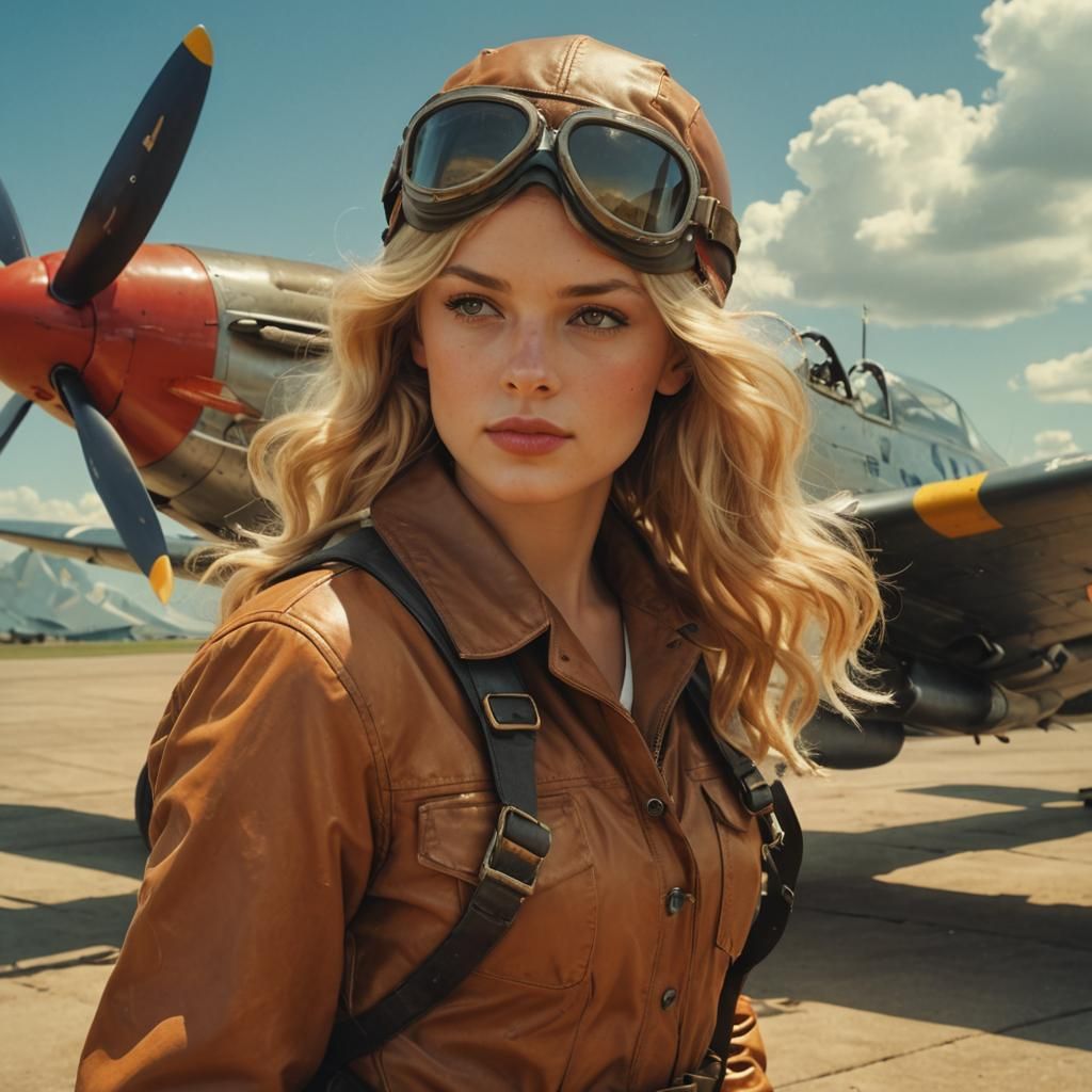 Glamorous Pilot Beside a P-51 Mustang in Kodachrome Style