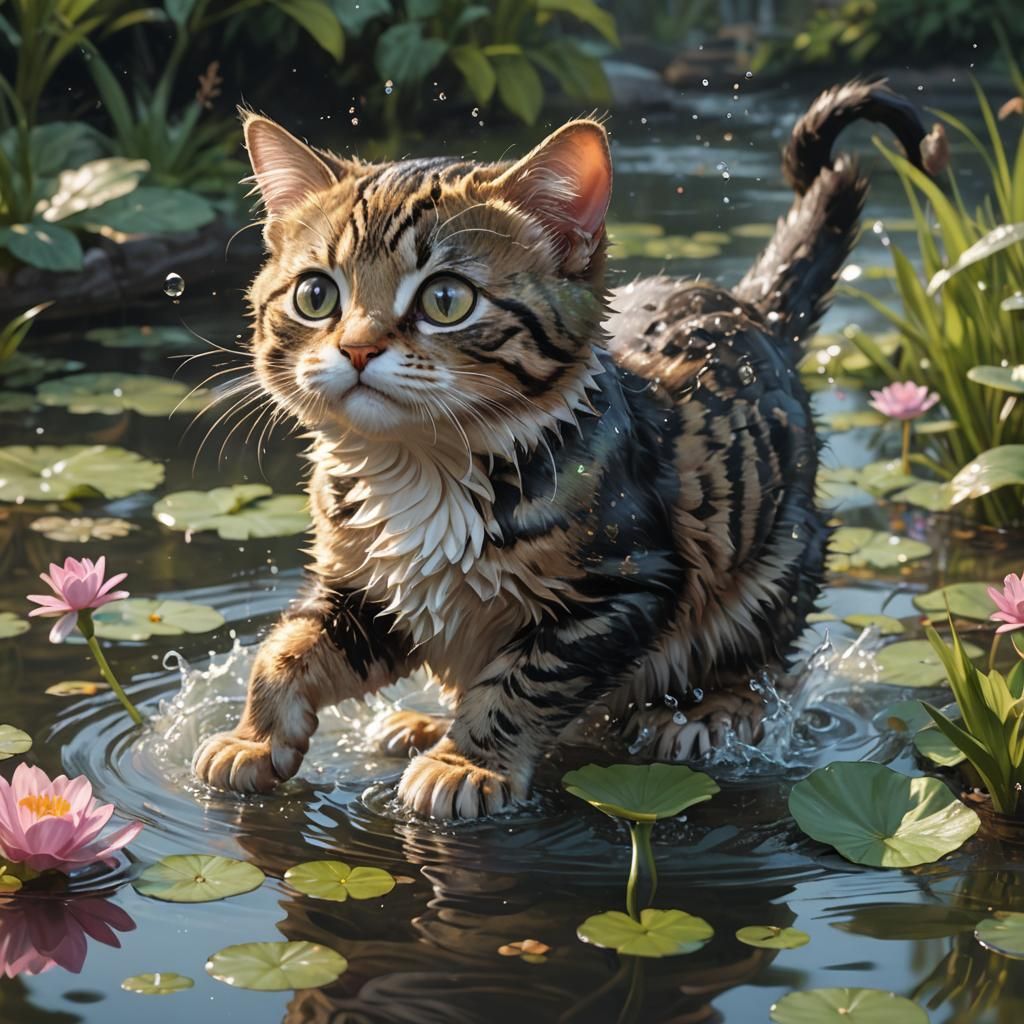 Kitten's Shock: Hyperdetailed Pond Adventure in Splash Art