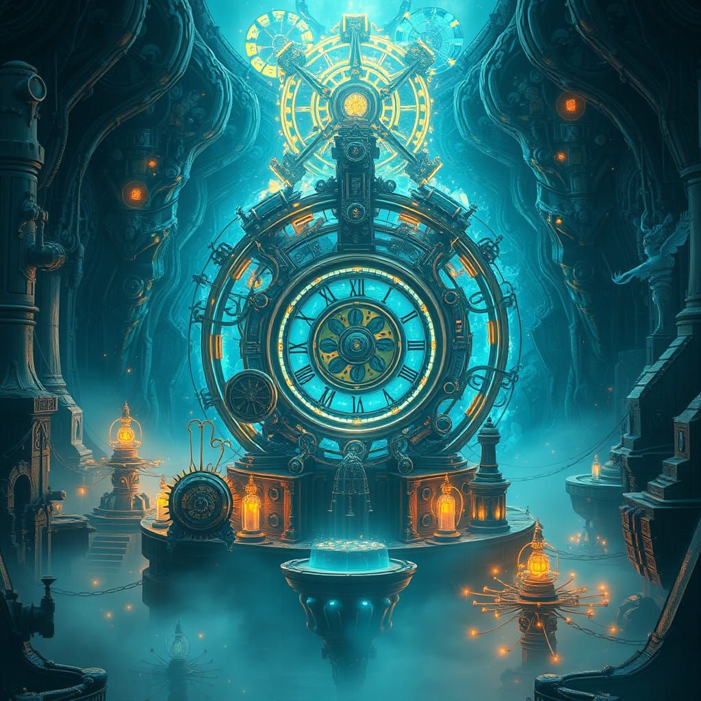 Mystical Machine Core with Clockwork in Matte Painting Style