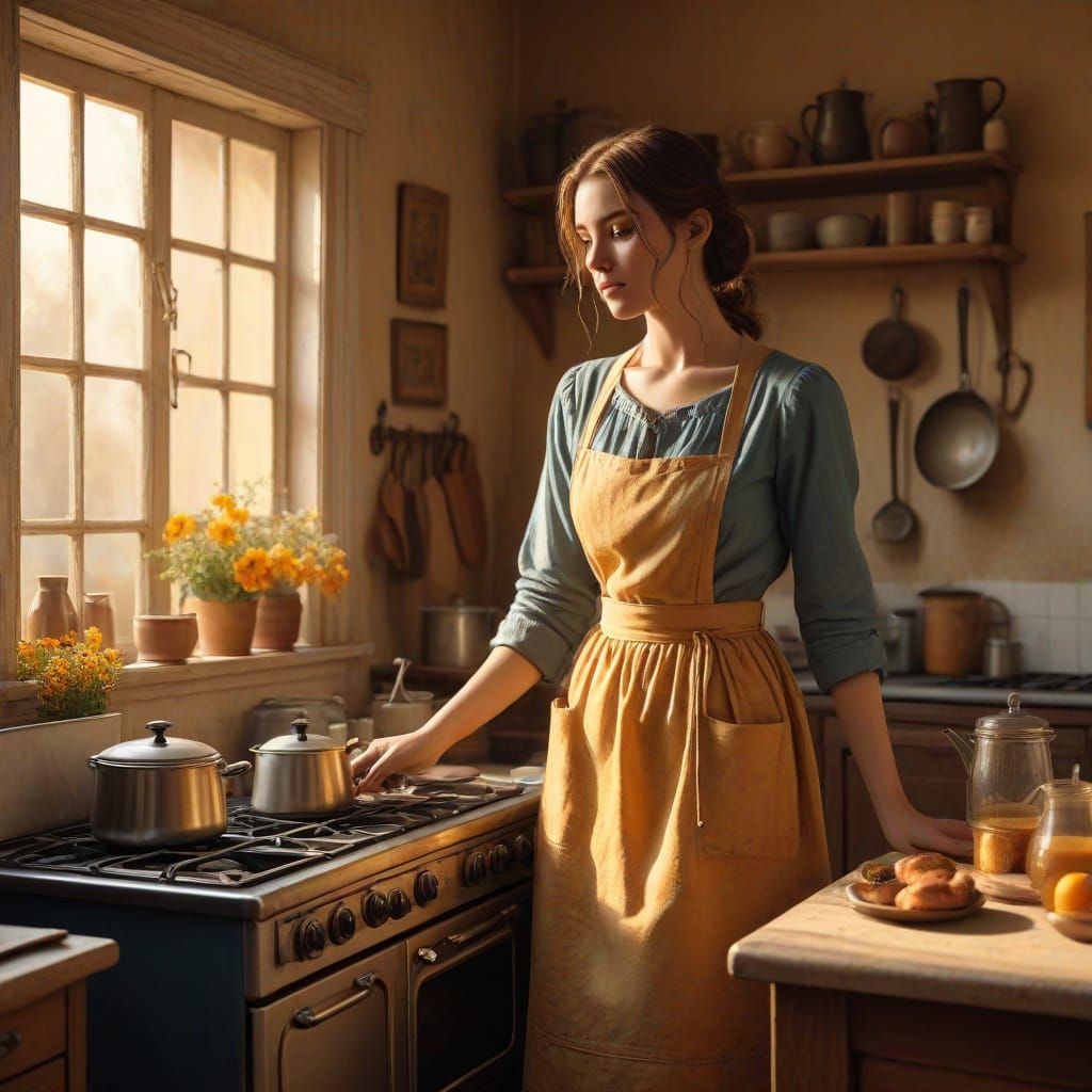 Woman Cooking Breakfast in Golden Light: Hyperrealistic Art