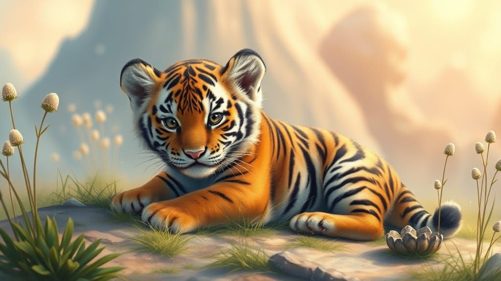 Whimsical Tiger Cub in Dreamlike Landscape