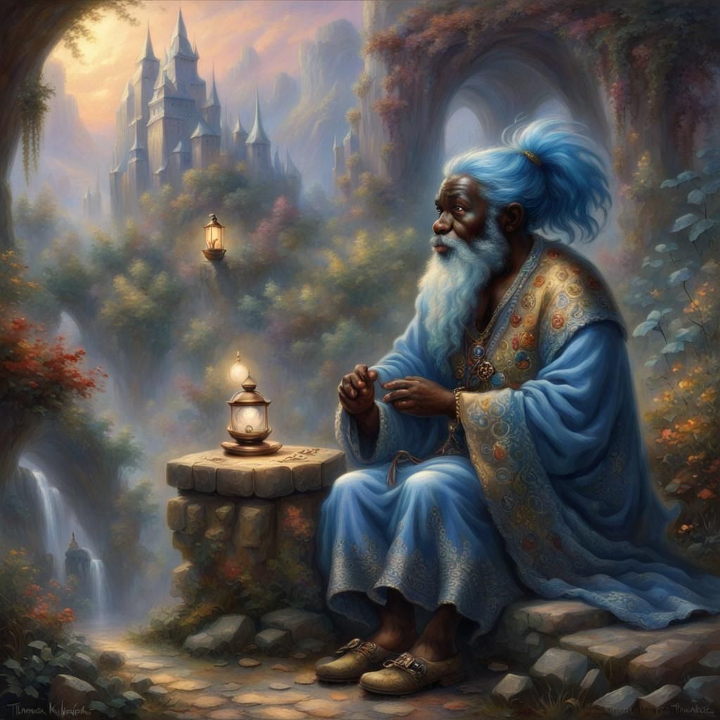 Fantasy Dwarf with Blue Hair in Ethereal Style