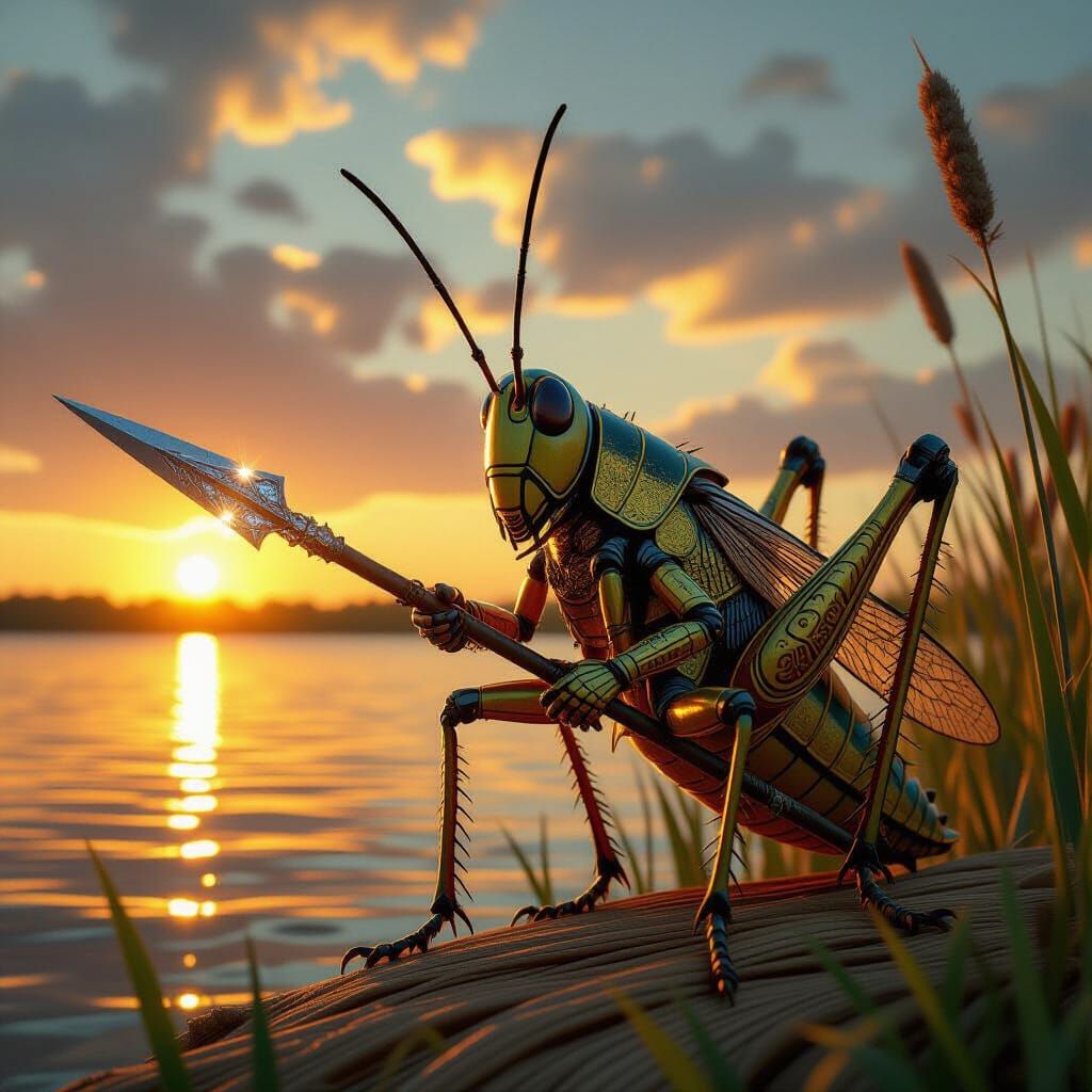 Golden Armored Grasshopper Guards Reed Castle at Sunset