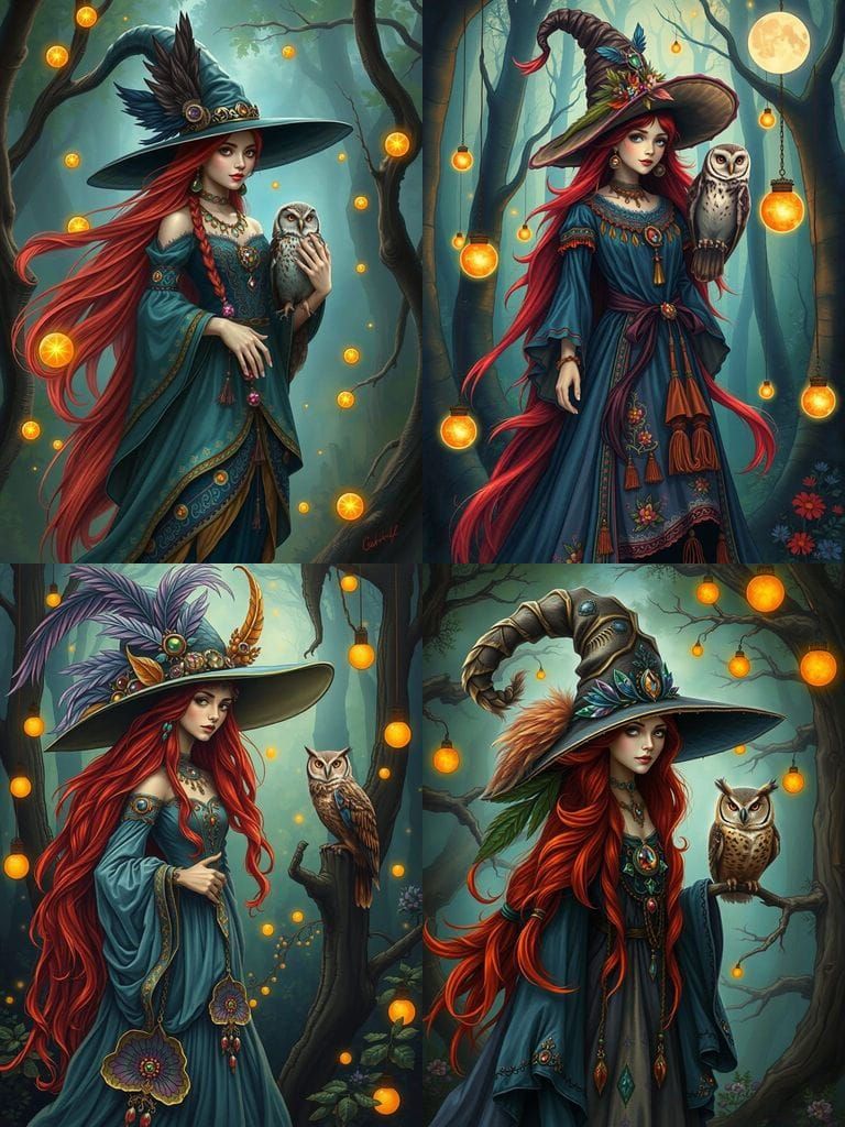 Mystical Bohemian Witch with Owl in Oil Painting