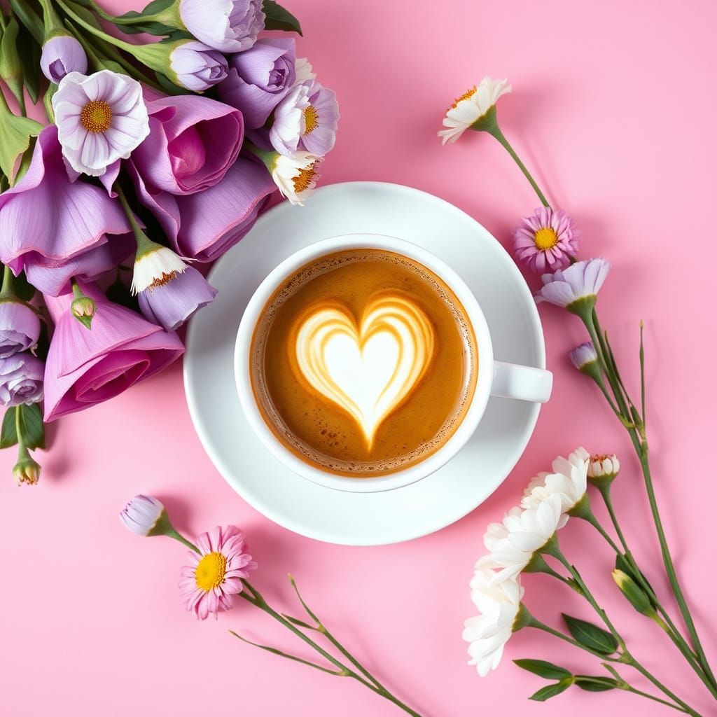Mother's Day brunch with a cup of coffee, a heart in foam and flowers, an overhead flat lay shot shot on a pink backgrou...