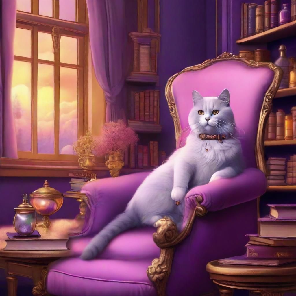 Cat in Library: Whimsical Fantasy Illustration