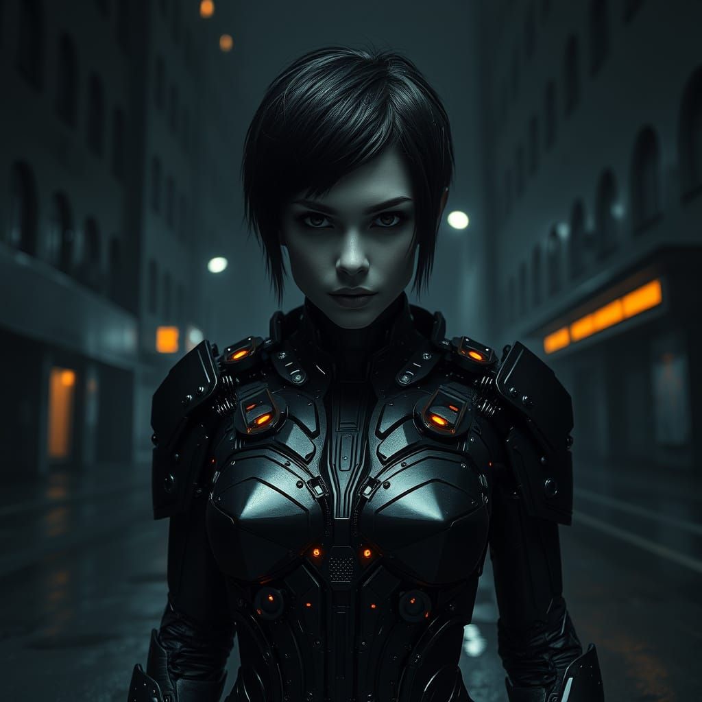 Cyberpunk Woman in Abandoned City at Dusk