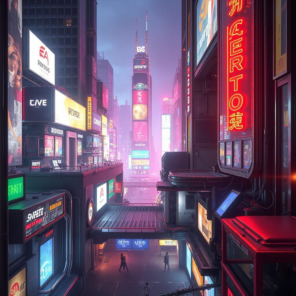 Futuristic Neon Cityscape Digital Painting