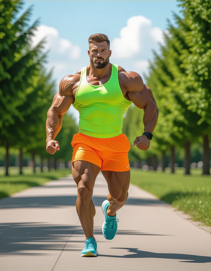 Hyperreal Bodybuilder Runs in Sunny Park