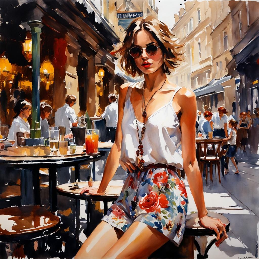 Bohemian Girl at London Cafe: Watercolor Art