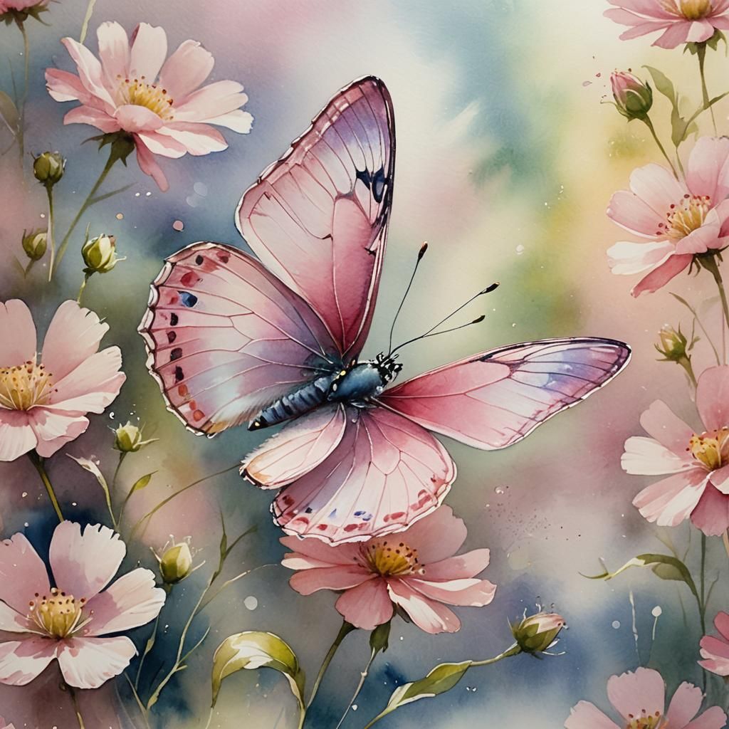 Pink Butterfly on Flower in Watercolor Style